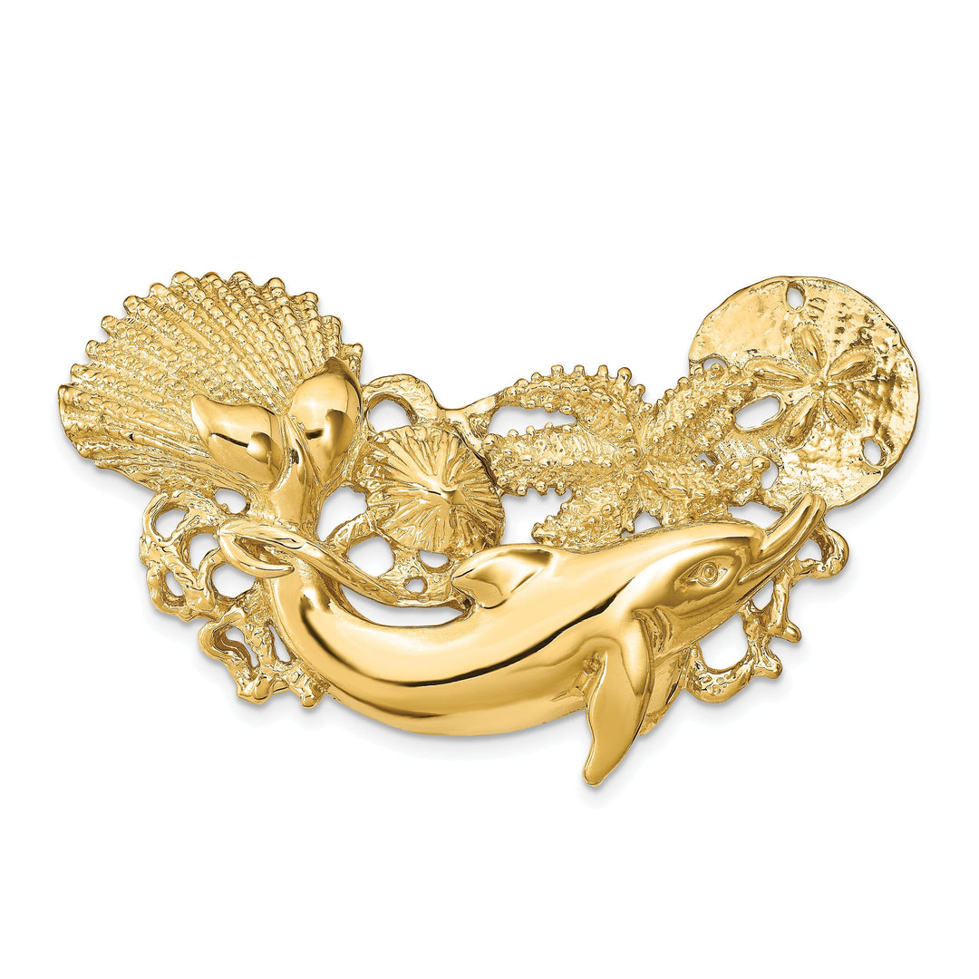 14k Yellow Gold Textured Fits up to 8mm Omega and 10mm Fancy Omega Solid Polished Finish Dolphin and Shell Cluster Slide
