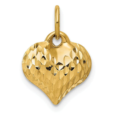 14K Yellow Gold Hollow Textured Polished Finish 3-Dimensional Heart Shape Design Charm Pendant