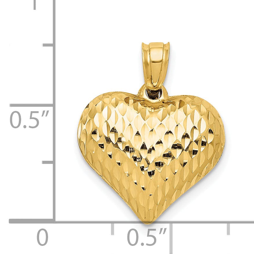 14K Yellow Gold Polished Textured Finish Hollow 3-Dimenisonal Puff Heart Shape Design Charm Pendant