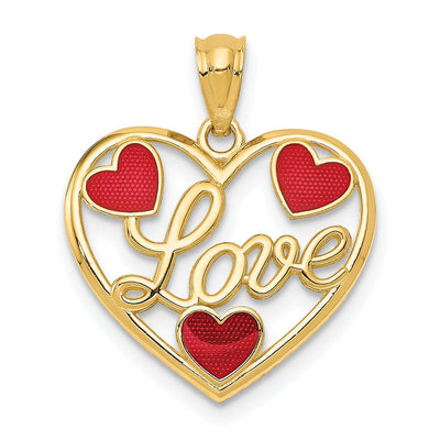14k Yellow Gold Red Enameled Hearts Pendant
