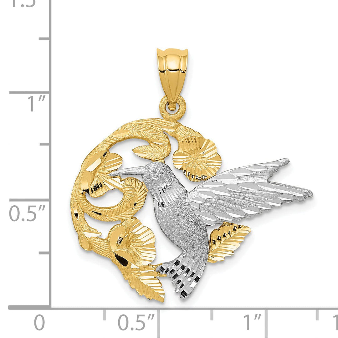 14k Two-Tone Gold Solid Textured Brushed Polished Finish Hummingbird Flying with Flowers Design Charm Pendant