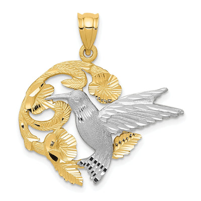 14k Two-Tone Gold Solid Textured Brushed Polished Finish Hummingbird Flying with Flowers Design Charm Pendant