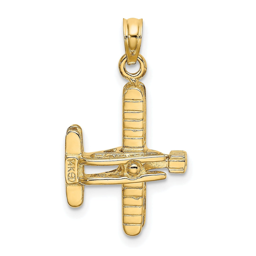 14k Yellow Gold Polished Textured Finish 3-Dimensional Bi-Air Plane with Ribbed Wings Charm Pendant