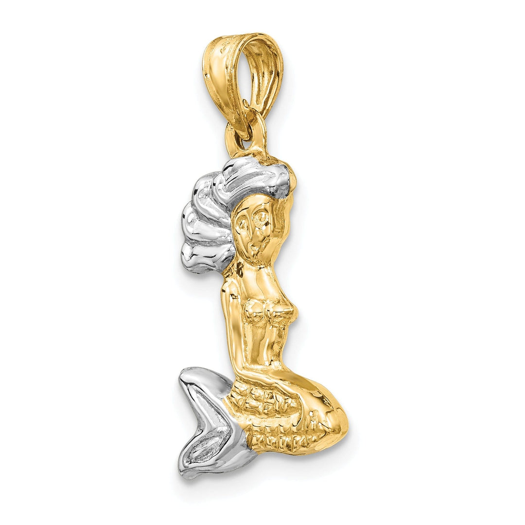 14K Yellow Gold, White Rhodium Polished Finish 3-D Mermaid Charm Pendant