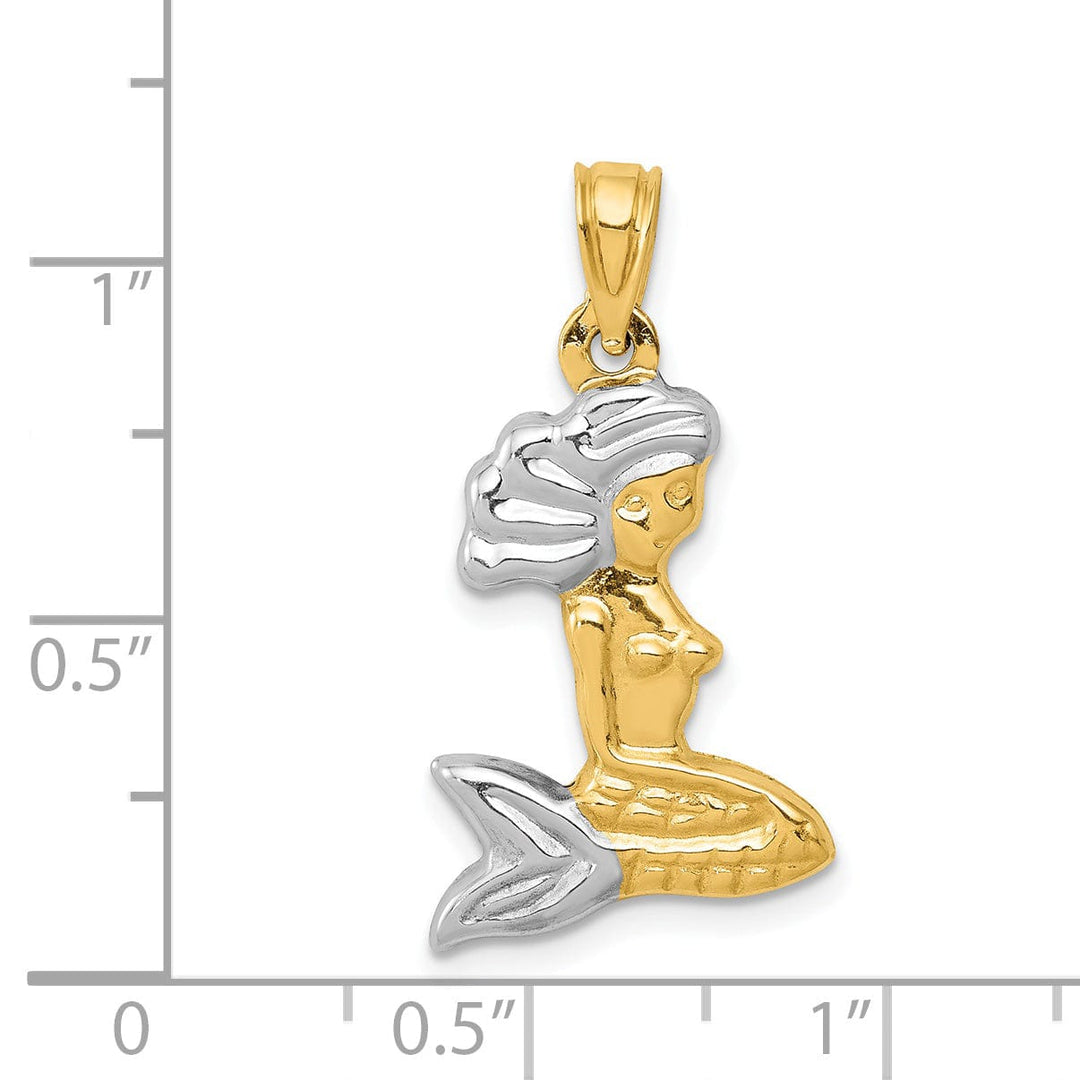14K Yellow Gold, White Rhodium Polished Finish 3-D Mermaid Charm Pendant
