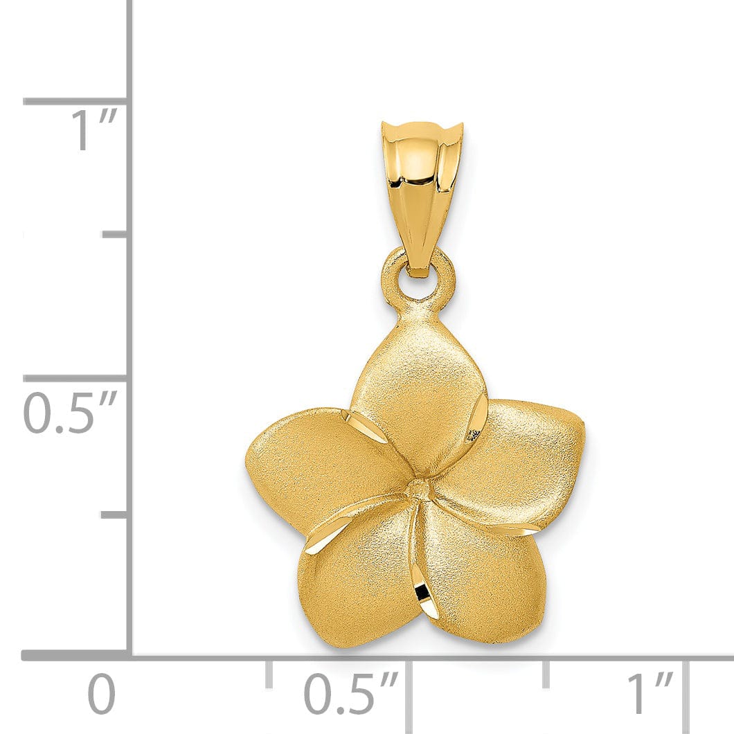 14k Yellow Gold Solid Casted Textured Back Polished and Textured Finish Plumeria Floral Charm Pendant