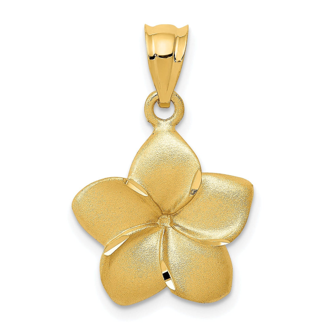 14k Yellow Gold Solid Casted Textured Back Polished and Textured Finish Plumeria Floral Charm Pendant