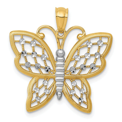 14k Two-tone Gold Solid Cassted Open Back Polished Finish Diamond-cut Butterfly Charm Pendant