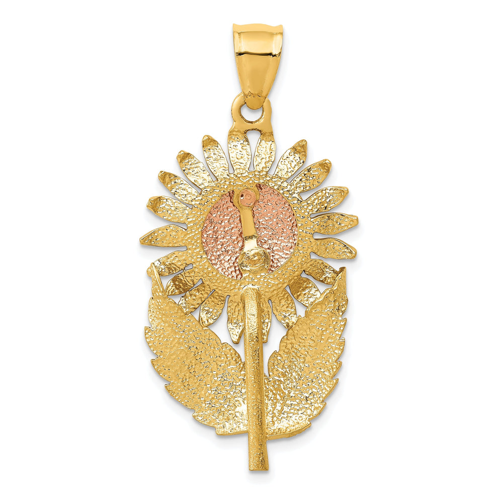 14k Two-tone Gold Solid Polished Finish Brushed Casted Textured Back Diamond-cut Sunflower Charm Pendant