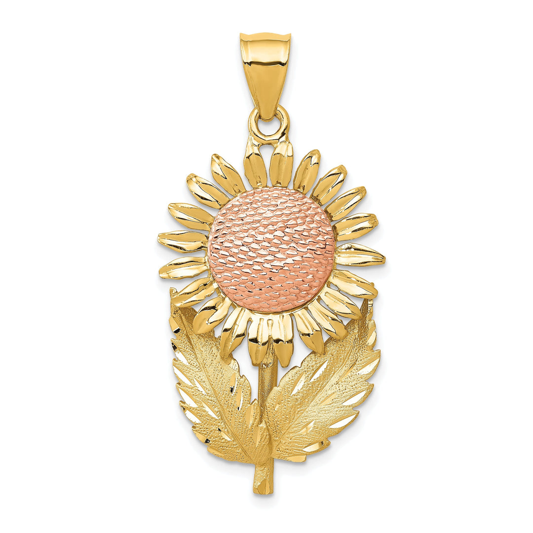14k Two-tone Gold Solid Polished Finish Brushed Casted Textured Back Diamond-cut Sunflower Charm Pendant
