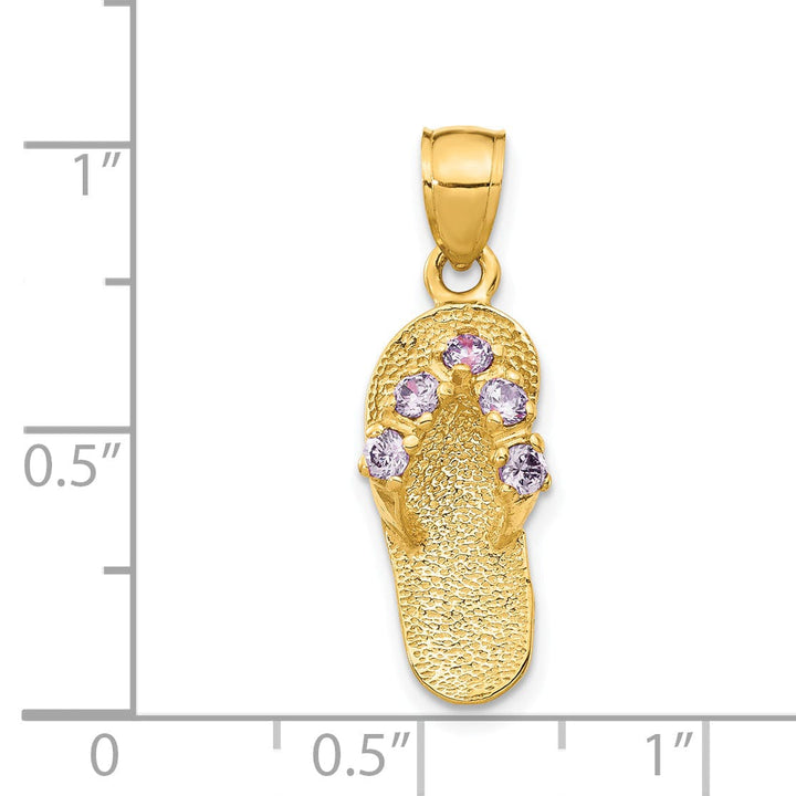 14k Yellow Gold Solid Texture Polish Finish 3-Dimensional February Cubic Zirconia Birthstone Flip Flop Sandle Charm Pendant