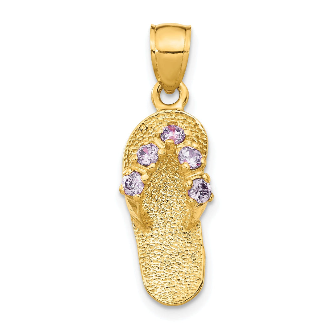 14k Yellow Gold Solid Texture Polish Finish 3-Dimensional February Cubic Zirconia Birthstone Flip Flop Sandle Charm Pendant