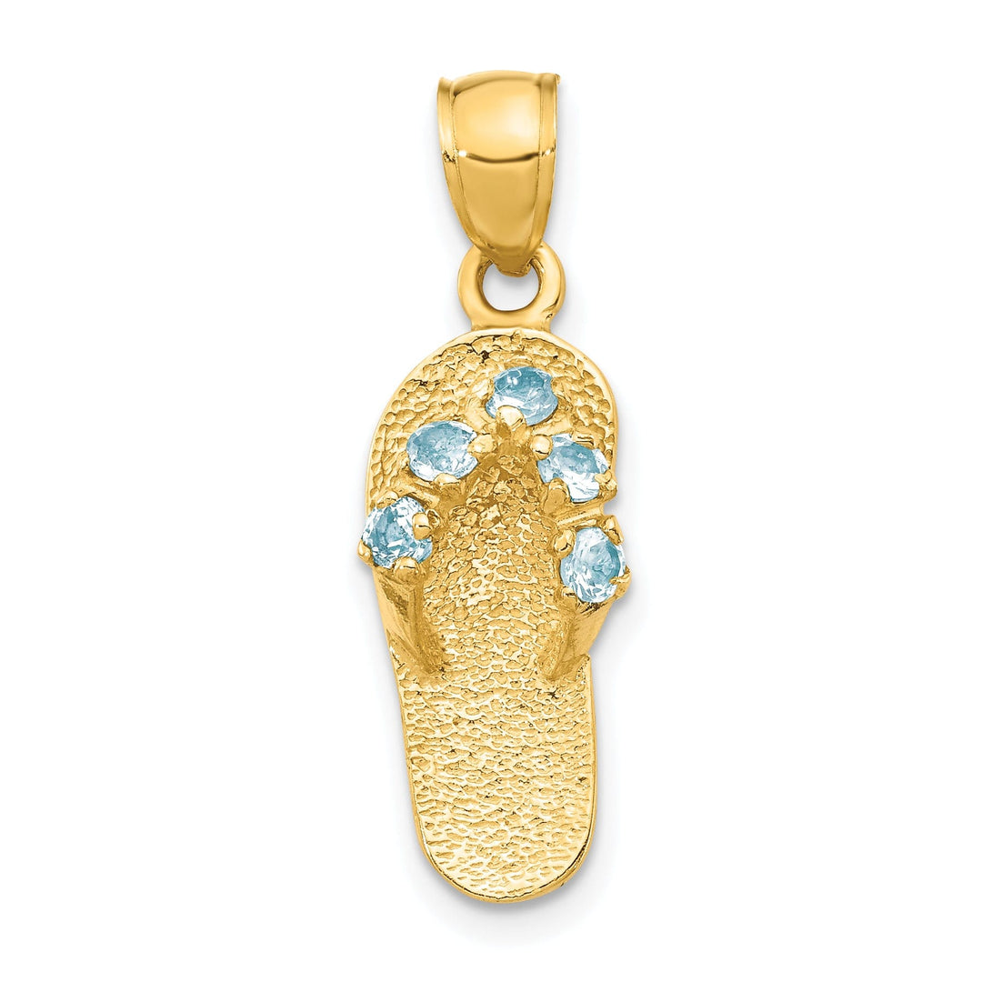 14k Yellow Gold Solid Texture Polish Finish 3-Dimensional March Cubic Zirconia Birthstone Flip Flop Sandle Charm Pendant