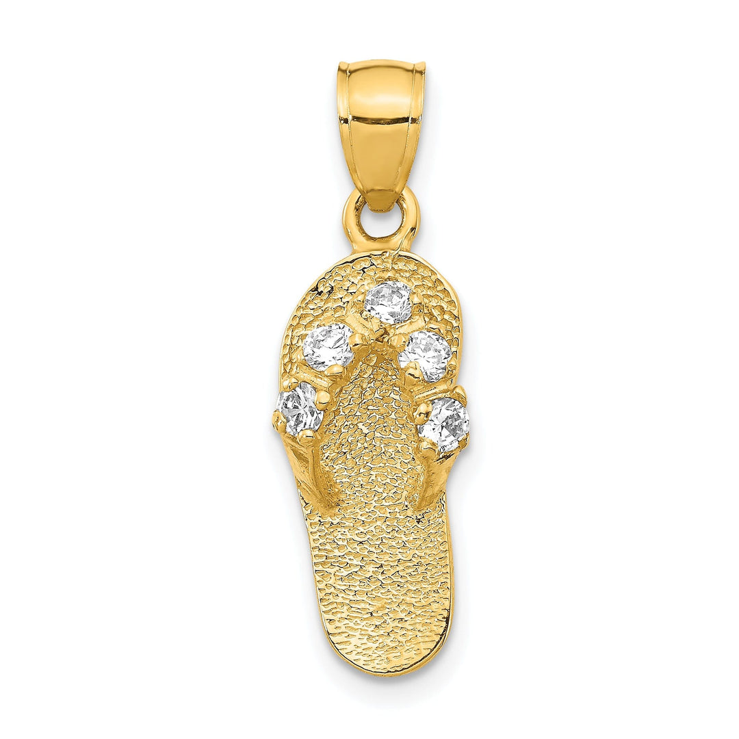 14k Yellow Gold Solid Texture Polish Finish 3-Dimensional April Cubic Zirconia Birthstone Flip Flop Sandle Charm Pendant