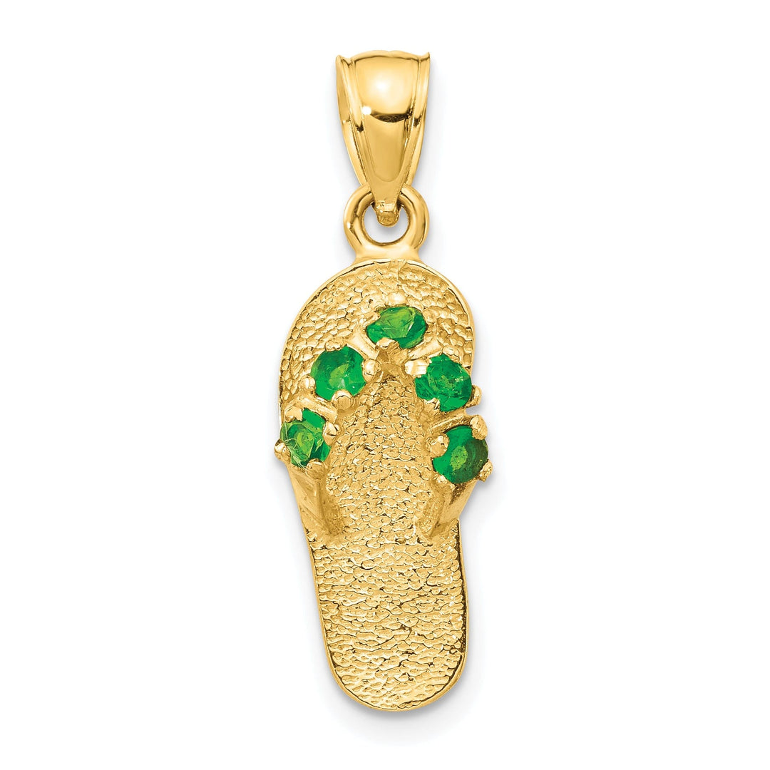 14k Yellow Gold Solid Texture Polish Finish 3-Dimensional May Cubic Zirconia Birthstone Flip Flop Sandle Charm Pendant