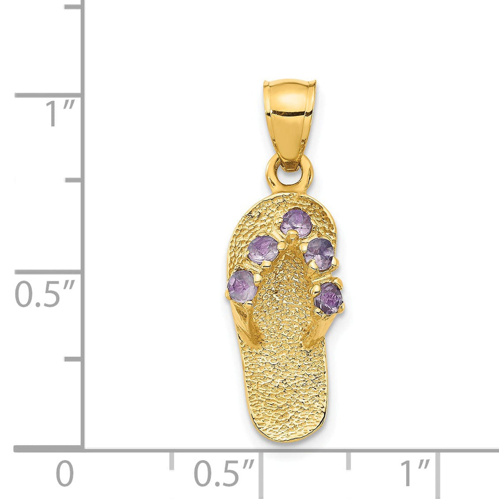 14k Yellow Gold Solid Texture Polish Finish 3-Dimensional June Cubic Zirconia Birthstone Flip Flop Sandle Charm Pendant