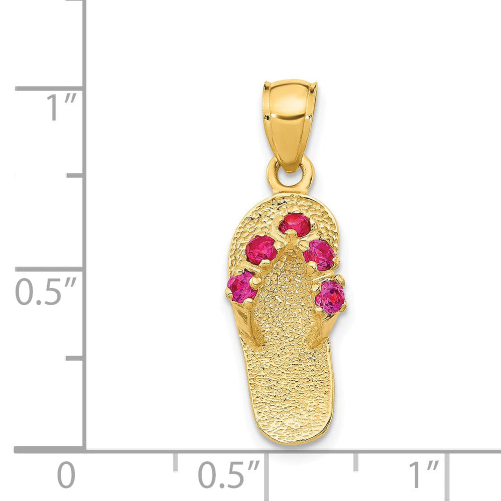 14k Yellow Gold Solid Texture Polish Finish 3-Dimensional July Cubic Zirconia Birthstone Flip Flop Sandle Charm Pendant