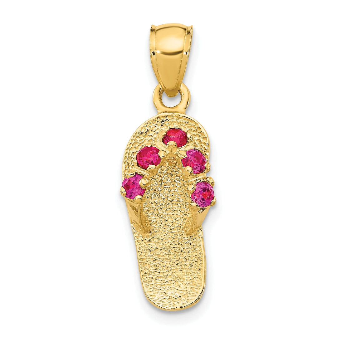 14k Yellow Gold Solid Texture Polish Finish 3-Dimensional July Cubic Zirconia Birthstone Flip Flop Sandle Charm Pendant