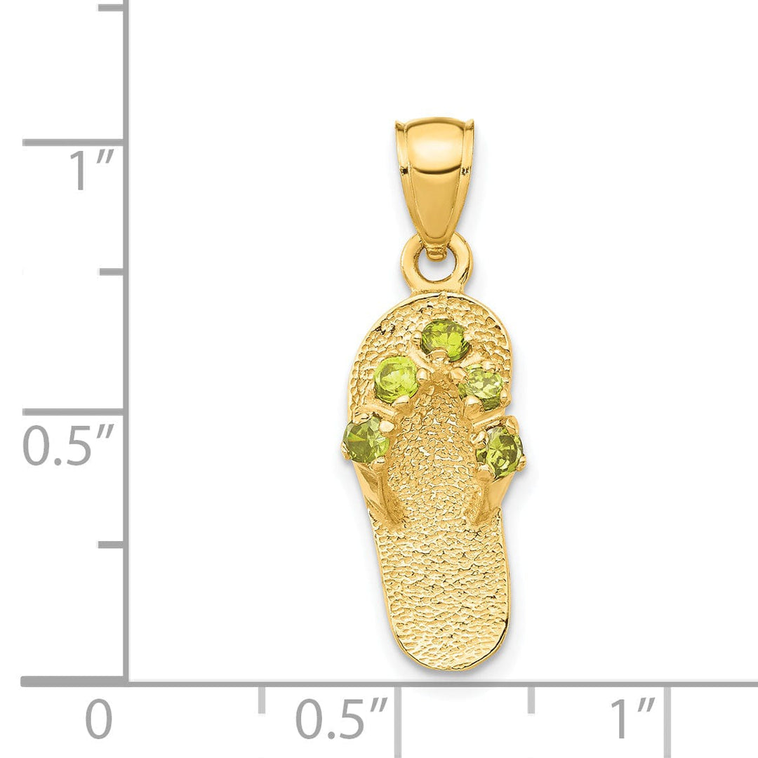 14k Yellow Gold Solid Texture Polish Finish 3-Dimensional August Cubic Zirconia Birthstone Flip Flop Sandle Charm Pendant