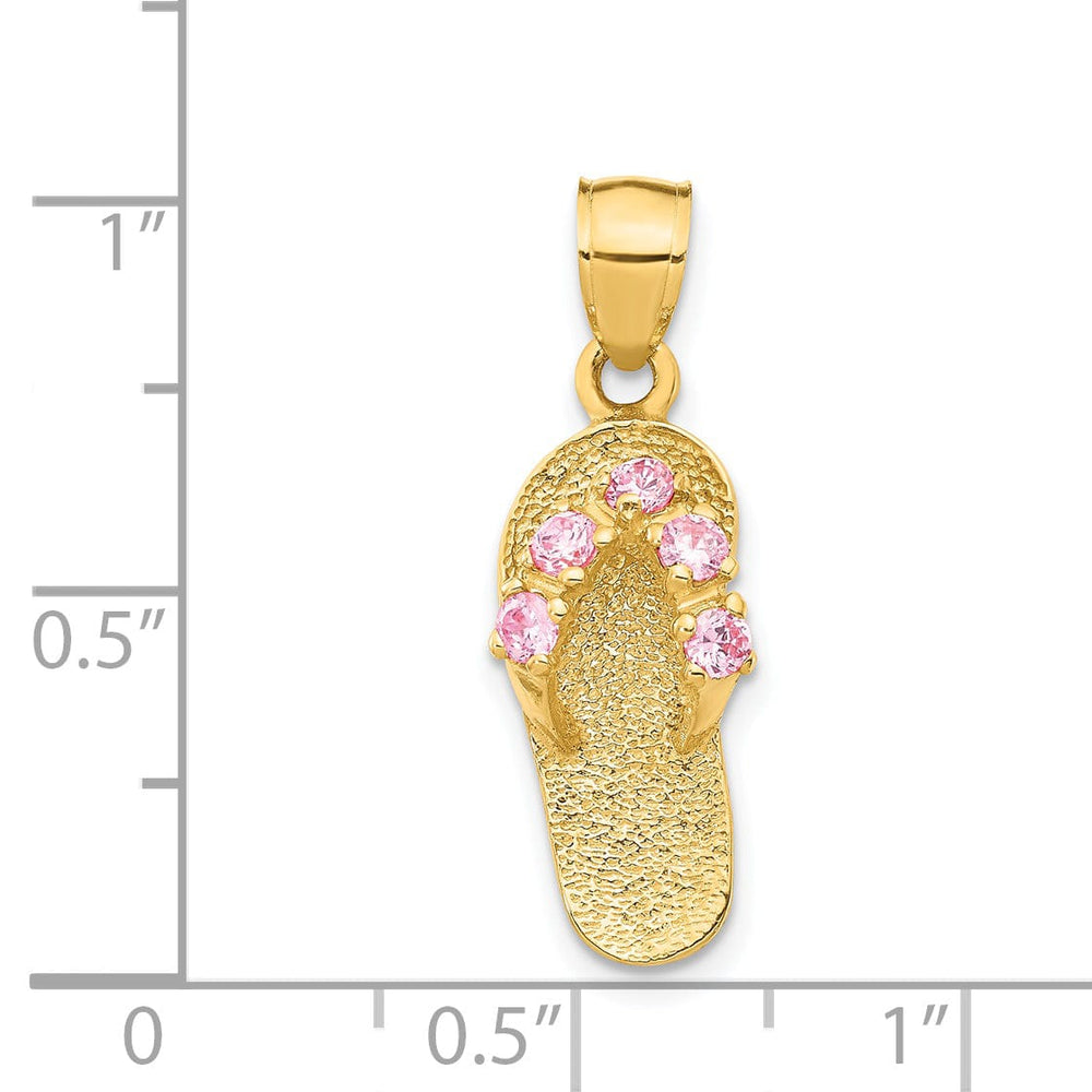 14k Yellow Gold Solid Texture Polish Finish 3-Dimensional October Cubic Zirconia Birthstone Flip Flop Sandle Charm Pendant