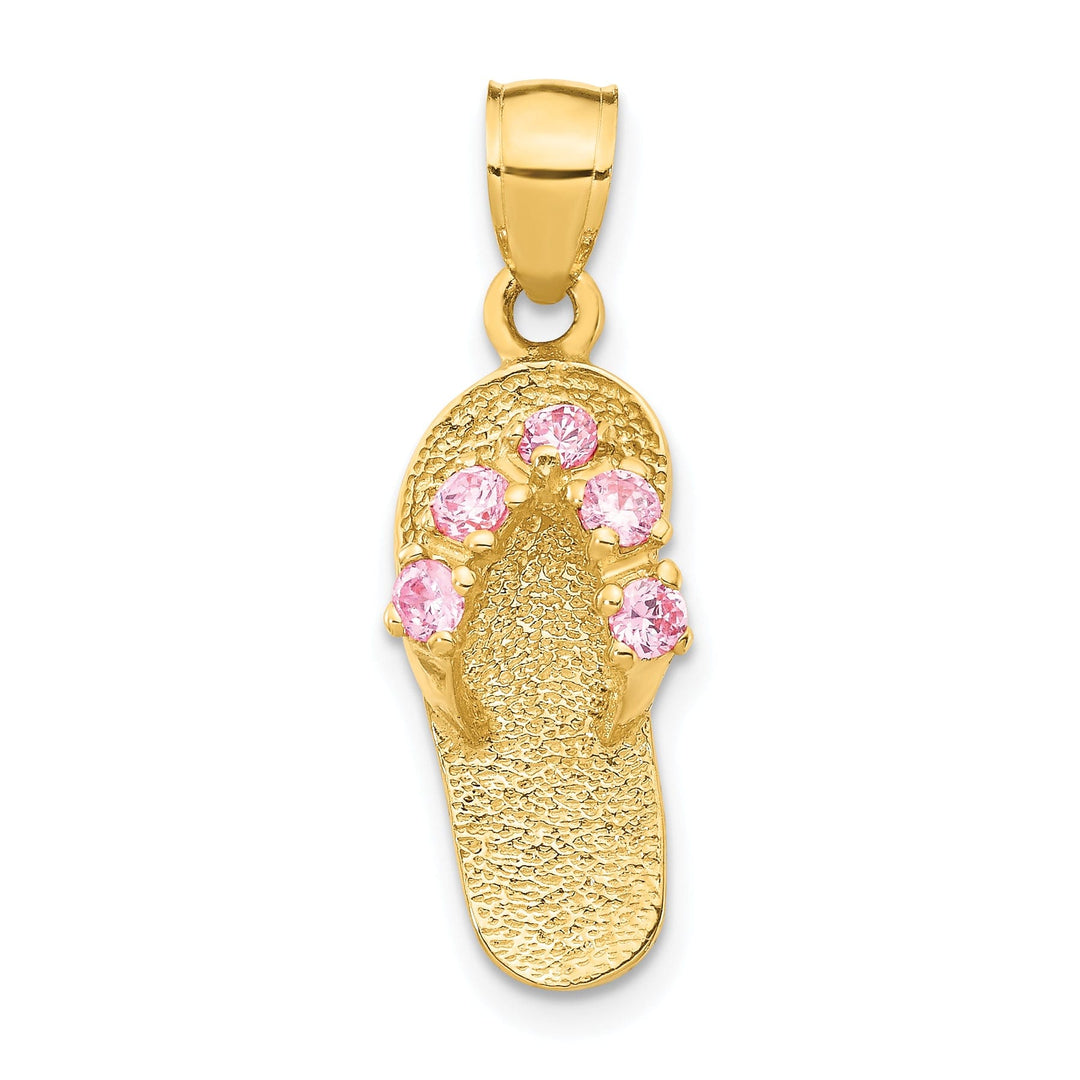 14k Yellow Gold Solid Texture Polish Finish 3-Dimensional October Cubic Zirconia Birthstone Flip Flop Sandle Charm Pendant