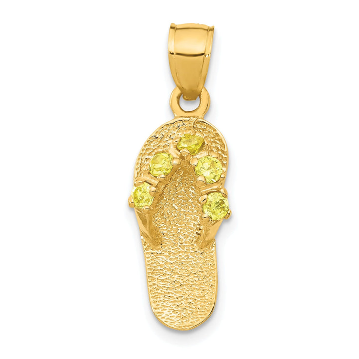 14k Yellow Gold Solid Texture Polish Finish 3-Dimensional November Cubic Zirconia Birthstone Flip Flop Sandle Charm Pendant