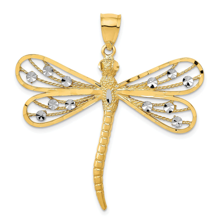 14K Yellow Gold White Rhodium Open Back Solid Polished Diamond Cut Filigree Design Dragonfly Charm Pendant