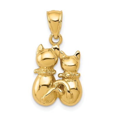 14k Yellow Gold Solid Polished Finish Two Cats Sitting Charm Pendant