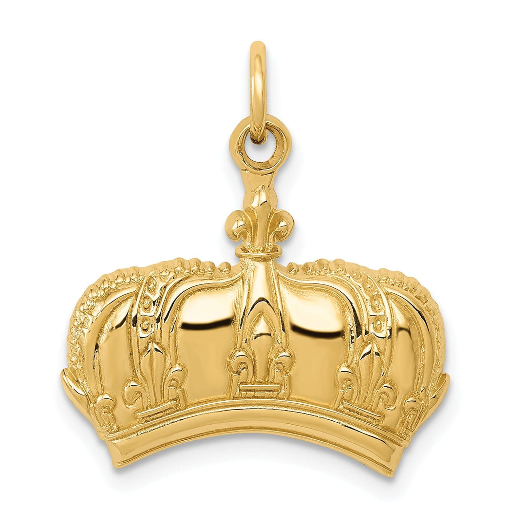 14k Yellow Gold Textured Polished Finish Mens Concave Shape Fleur De Lis Crown Design Charm Pendant