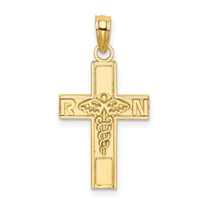 14K Yellow Gold Textured Polished Finish RN Caduceus Cross Charm Pendant