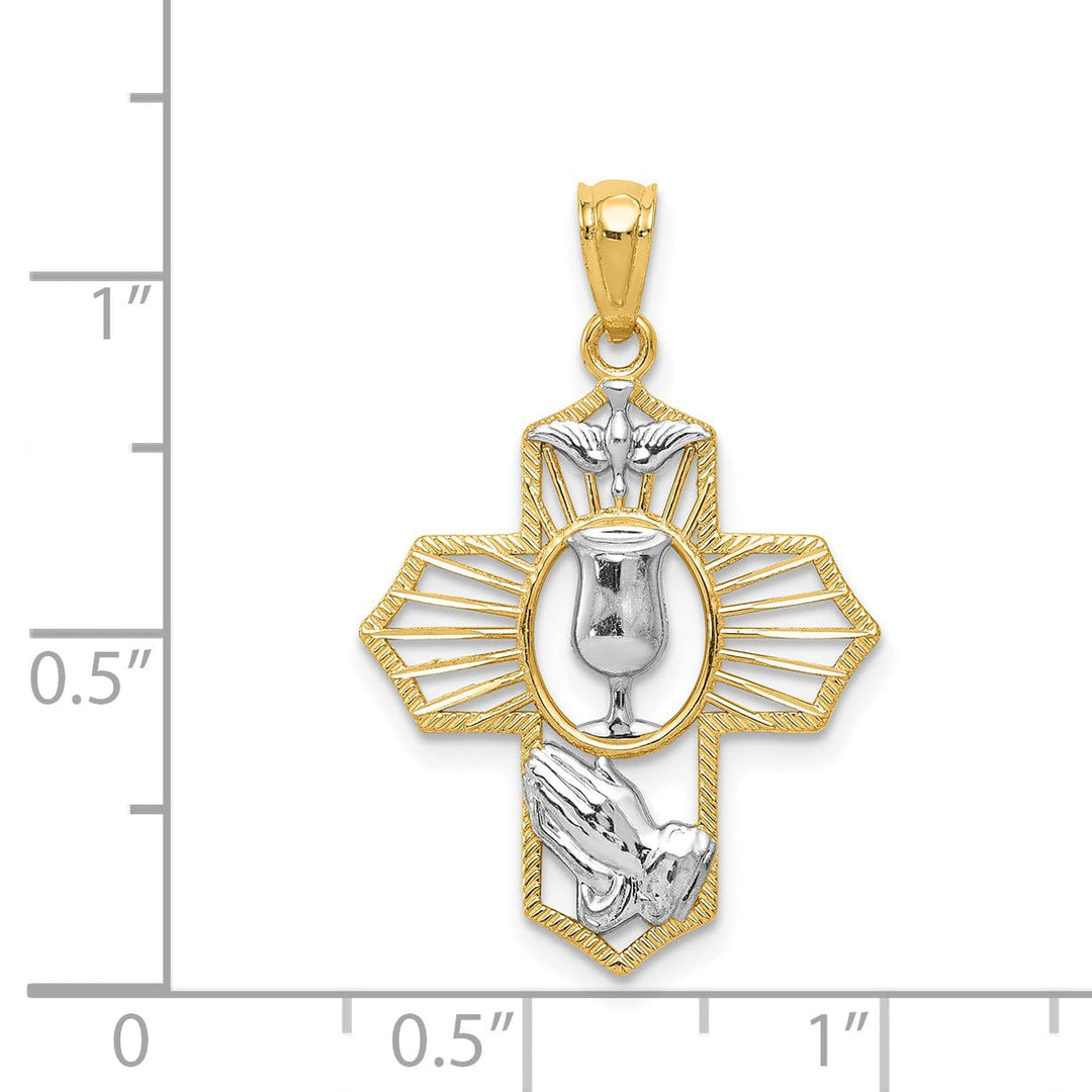 14k Yellow Gold Polished Cross with, Dove, Chalice Cup Medal Pendant