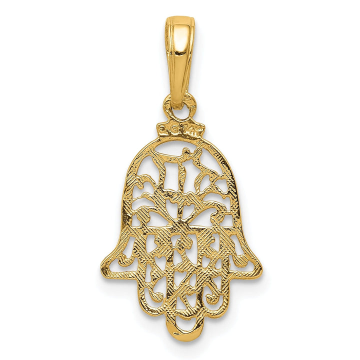 14k Yellow Gold Solid Polished Texture Finish Filigree Chamseh Pendant