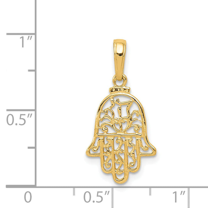 14k Yellow Gold Solid Polished Texture Finish Filigree Chamseh Pendant