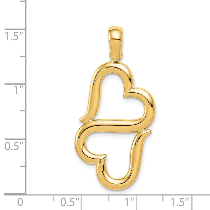 14K Yellow Gold Solid Polished Concave Shape Double Hearts Design Pendant