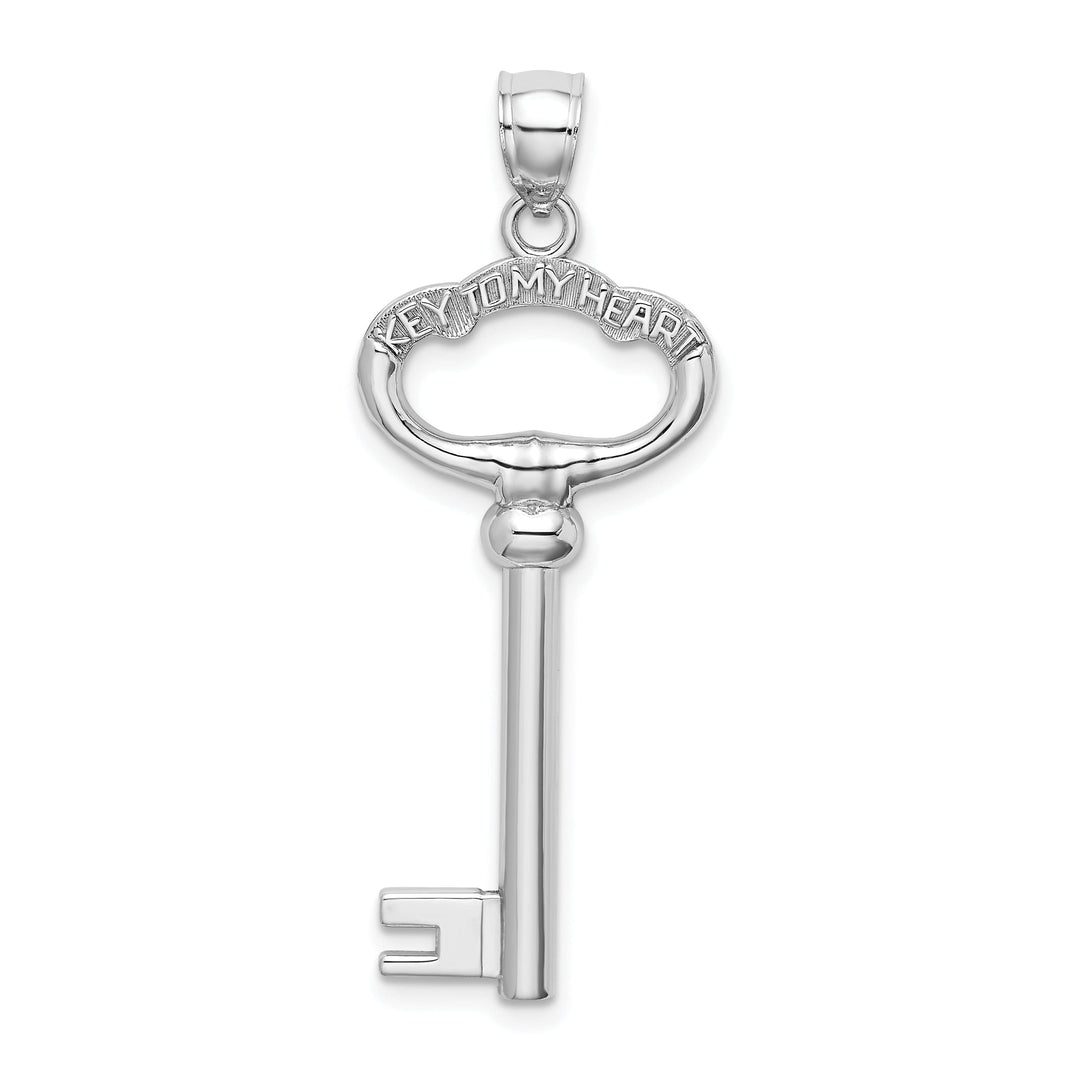 14K White Gold Rhodium Solid 3-D KEY TO MY HEART Key Charm Pendant