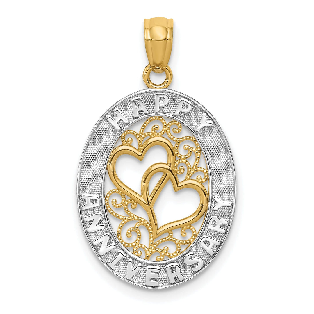 14k Two Tone Gold Happy Anniversary Hearts Pendant.