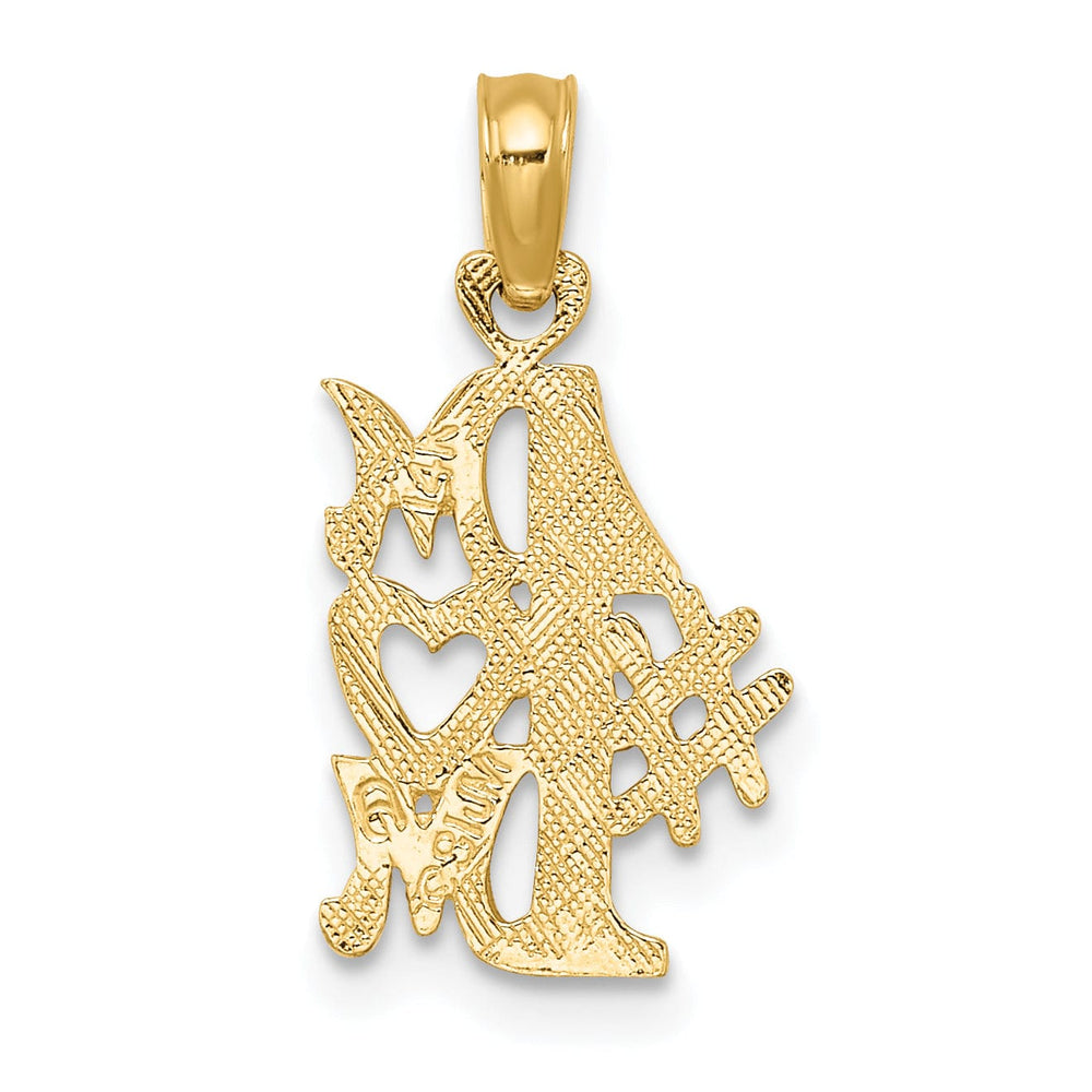 14K Yellow Gold Textured Polished Finish Solid #1 MOM Script Design Charm Pendant