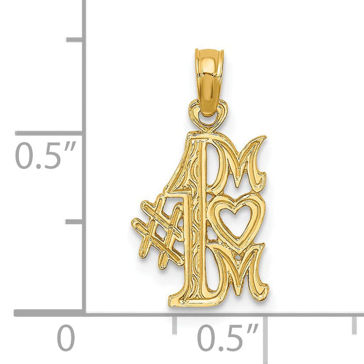 14K Yellow Gold Textured Polished Finish Solid #1 MOM Script Design Charm Pendant