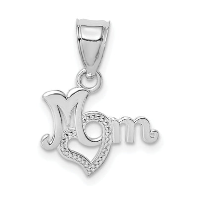 14K White Gold Textured Polished Finish MOM with in Heart Design Charm Pendant