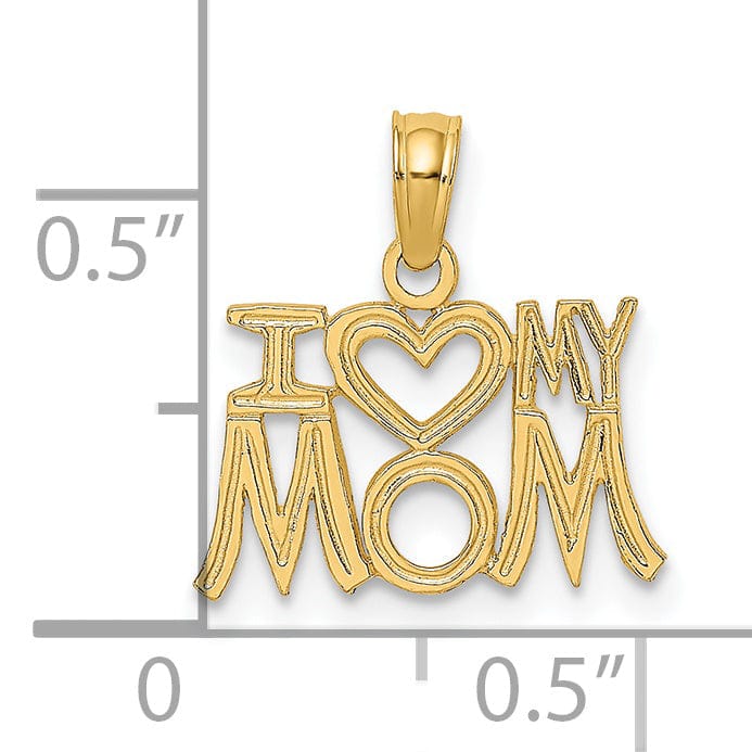 14K Yellow Gold Solid Polished Textured Finish Script Design I HEART MY MOM Charm Pendant