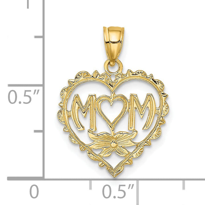 14K Yellow Gold Solid Polished Textured Finish MOM Heart Charm