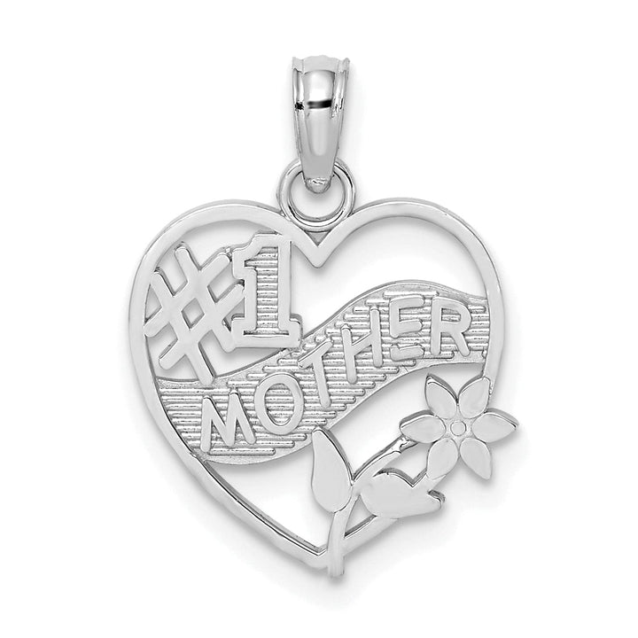14K White Gold Solid Textured Polished Finish #1 MOTHER in Heart Shape with Flower Design Charm Pendant