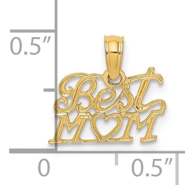 14K Yellow Gold Polished Finish Solid Script BEST MOM with Heart Charm Pendant