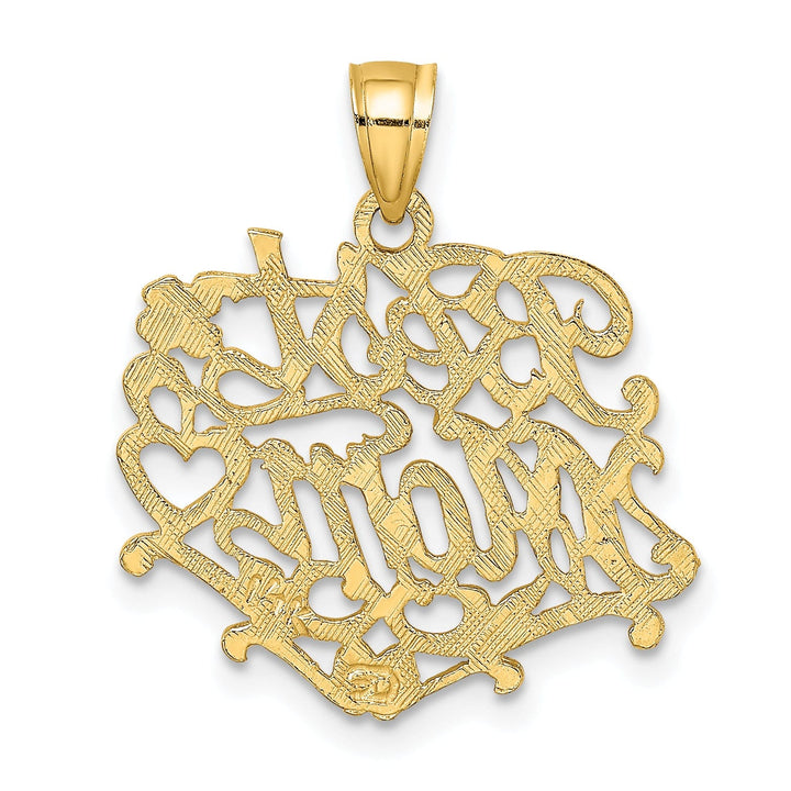 14K Yellow Gold Solid Polished Textured Finish Script BEST MOM Design Charm Pendant