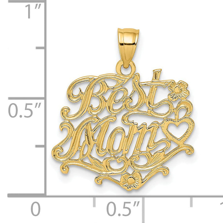 14K Yellow Gold Solid Polished Textured Finish Script BEST MOM Design Charm Pendant