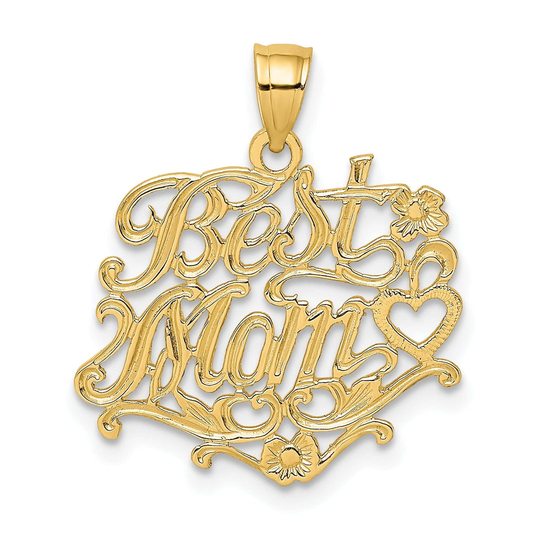 14K Yellow Gold Solid Polished Textured Finish Script BEST MOM Design Charm Pendant