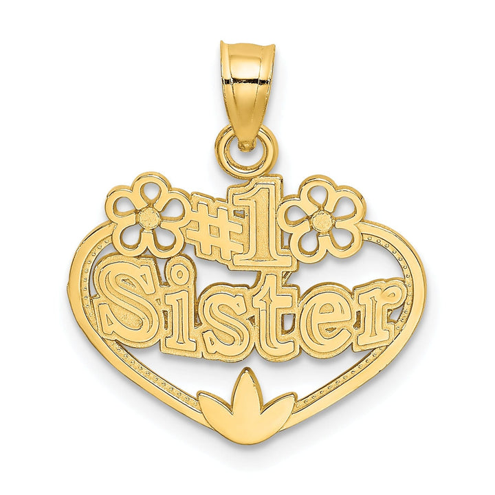 14K Yellow Gold Textured Polished Finish #1 SISTER in Heart Design Charm Pendant