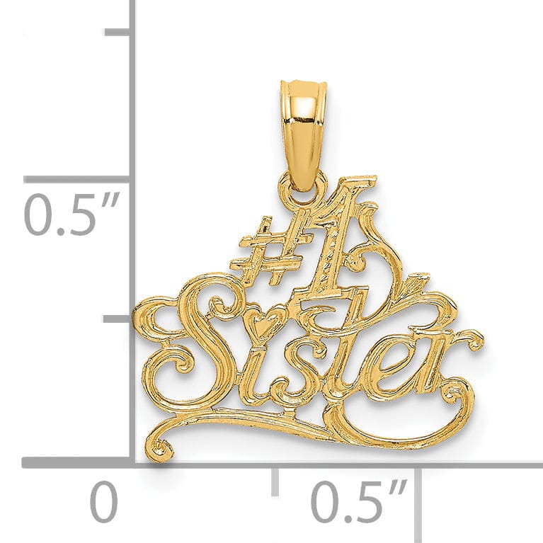 14K Yellow Gold Flat Back Textured Finish In Fancy Script #1 SISTER Charm Pendant