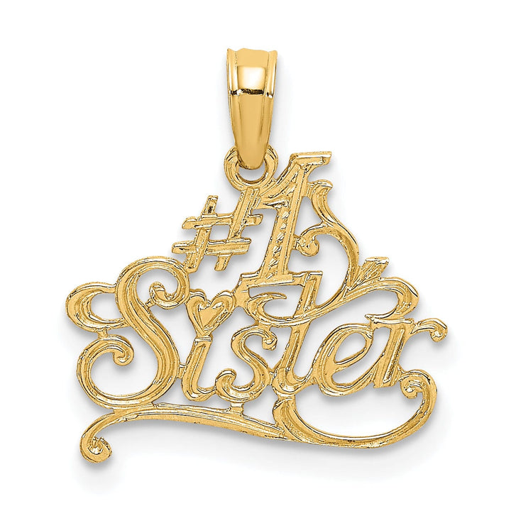 14K Yellow Gold Flat Back Textured Finish In Fancy Script #1 SISTER Charm Pendant