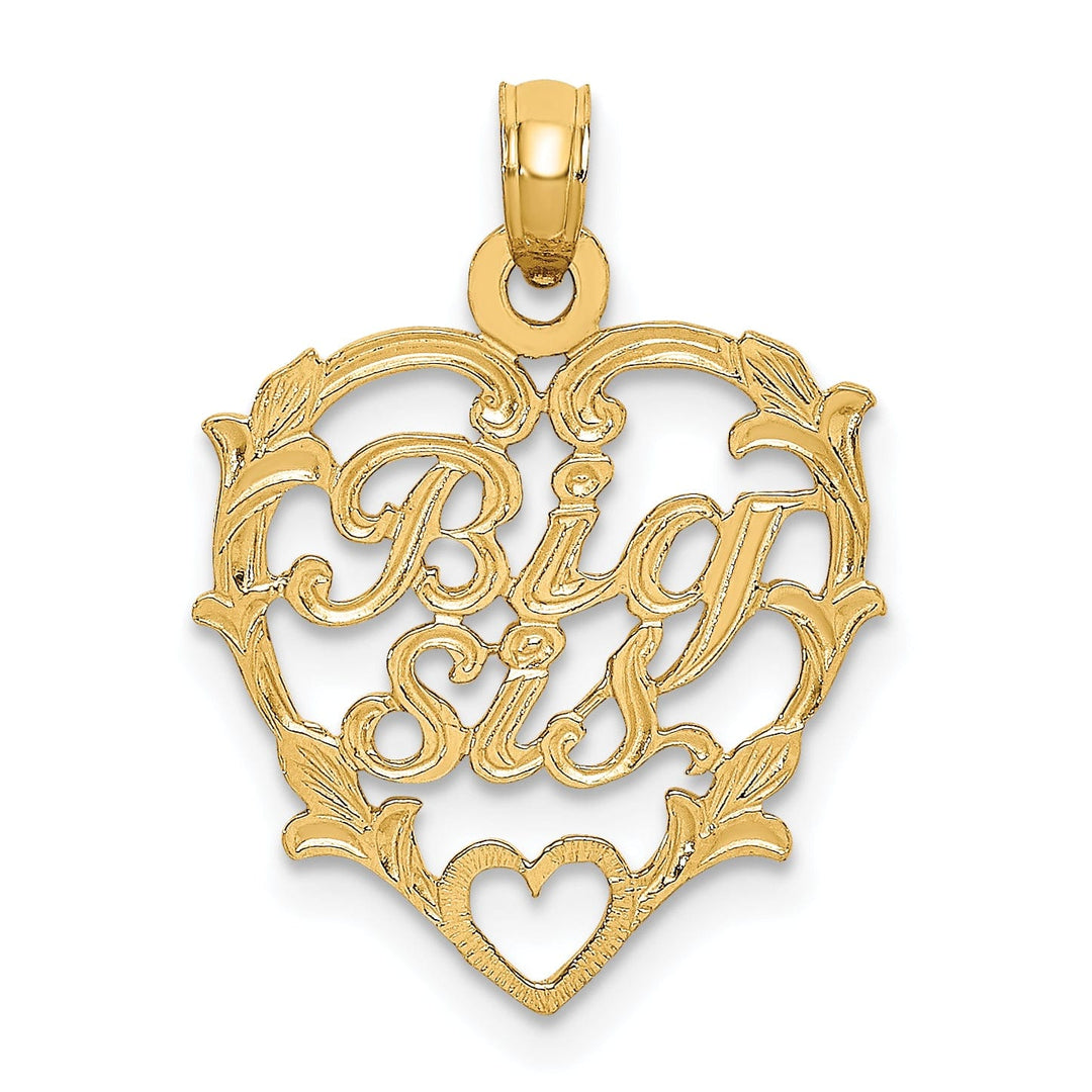 14K Yellow Gold Flat Back Textured Finish BIG SIS in Heart leaf Design Frame Charm Pendant